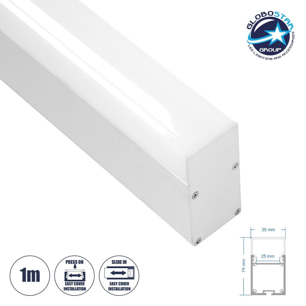 GloboStar® SURFACEPENDANT-PROFILE 70831-1M Προφίλ Αλουμινίου - Βάση & Ψύκτρα Ταινίας LED με Λευκό Γαλακτερό Κάλυμμα - Επιφανειακή & Κρεμαστή Χρήση - Πατητό Κάλυμμα - Λευκό - 1 Μέτρο - Μ100 x Π3.5 x Υ7.4cm